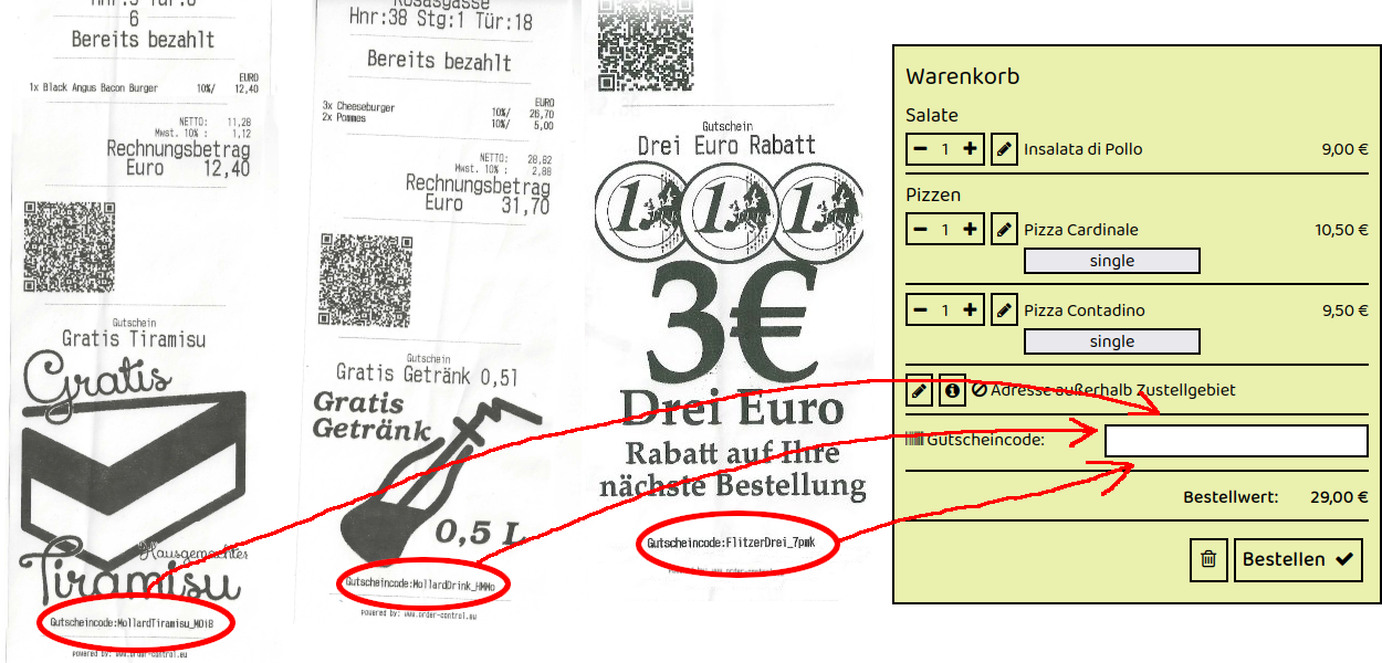 Beispiel für Gutscheincodes auf Rechnungszetteln von Bon Appetit in Bockfließ Landeshauptmann Mayer Platz 5 – drei Rechnungen mit individuellen Gutscheincodes, die im Online-Warenkorb des Restaurants eingegeben werden können.