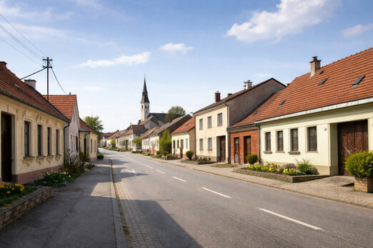 Dorfstraße in Bockfließ mit typischen Häusern und Kirche im Hintergrund – Liefergebiet von Bon Appetit