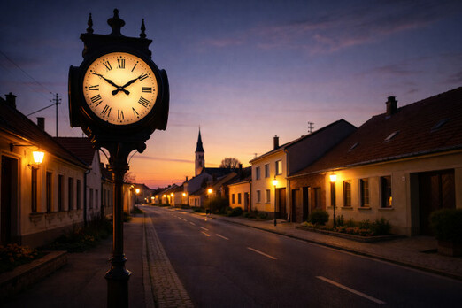 Dorfstraße in Bockfließ bei Dämmerung mit beleuchteter Uhr im Vordergrund – Symbol für die Öffnungszeiten von Bon Appetit
